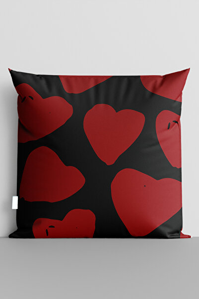 TicaretJet Burgundy Hearts Double-Sided Digital Printed Pillow Cover - 6136