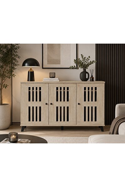 N.zone Multi-Use Buffet Cabinet with 3 Doors and Elegant Slat Fronts - Modern...