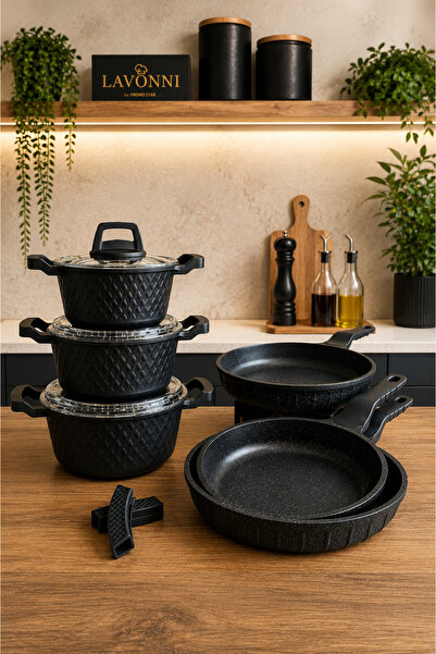 LAVONNI Obsidyen Prestige Plus Set 9 Parça Döküm Granit Tencere ve Tava Seti ...