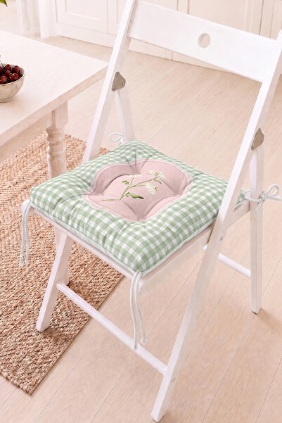 Home Pembe Çiçek Motifli Pofidik Sandalye Minderi - Yeşil Çizgili Dekoratif M...