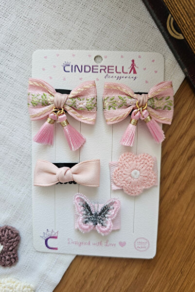 Cinderella 5'li Sallanan Püskül Fiyonk Kelebekli Örgü Çiçekli Pembe Gold Yeni...