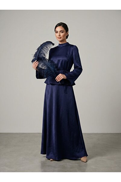 Norshen High Collar Tie-Back Detailed Blouse & Flared Maxi Skirt - Satin Set