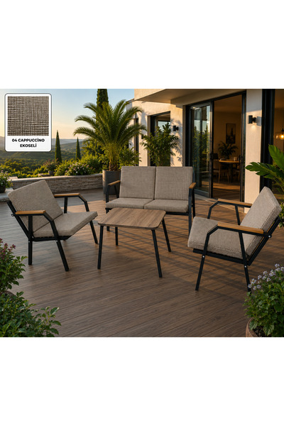 Dekoroom's DURU 2-1-1 BAHÇE BALKON MOBİLYASI,SEHPALI,SİYAH İSKELET,KUMAŞ RENG...