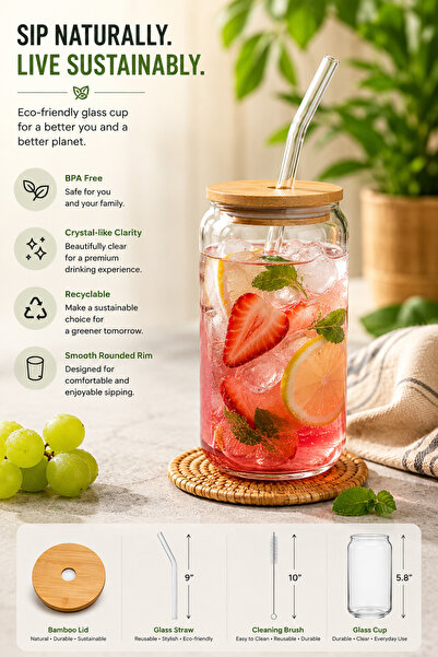 OASIS MART 4-Piece Glass Tumbler Set with Bamboo Lids and Reusable Glass Straws – Eco-Friendly Drinking Cups for Home, Office & Gifts