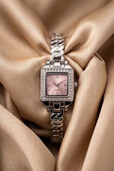 GANYMET Ctos Women's Silver Square Steel Watch Pink Dial with Stone Bezel Lux...