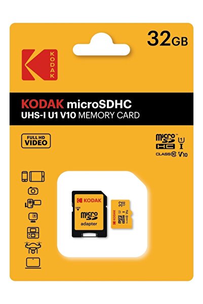 Kodak 32Gb Micro Sd Uhs-I C10 U1 V10 Card + Adapter (Yellow)