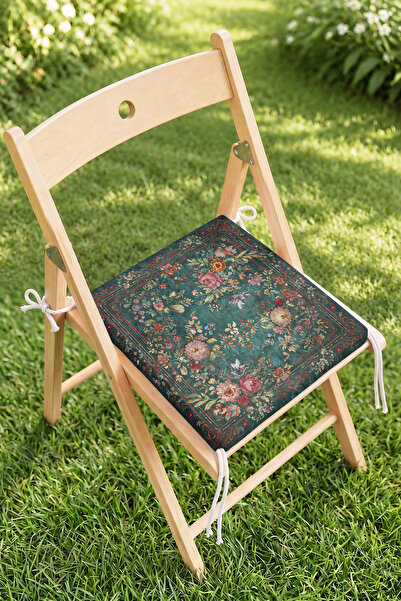 Home Vintage Çiçek Bahçesi Desenli Fermuarlı Sandalye Minderi - Yeşil Zemin K...