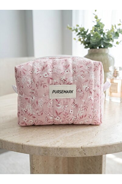 PURSEMARK Pembe Çiçek Desenli Kapitone Makyaj Çantası – (SMALL) Kozmetik Orga...