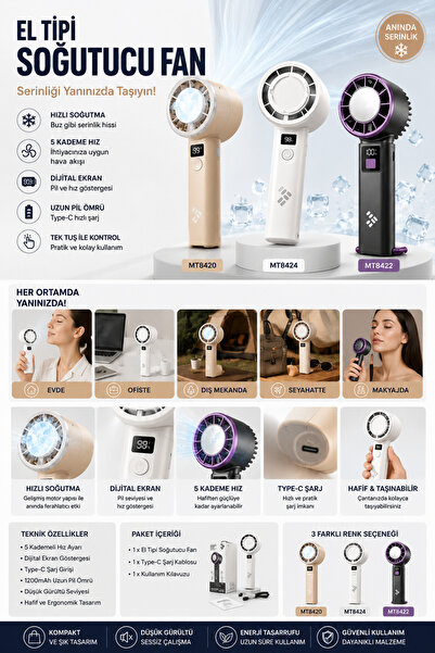 GenelTedarik Dijital Ekranlı El Tipi Mini Fan | Type-C Şarjlı Taşınabilir Soğ...