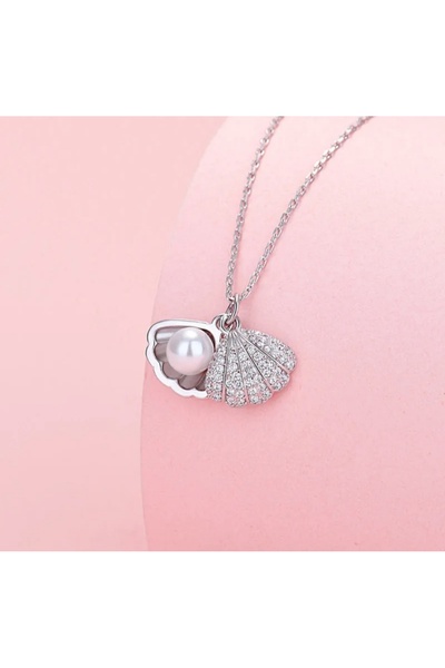 Umrece Silver Oyster Steel Necklace with Pearl Detail