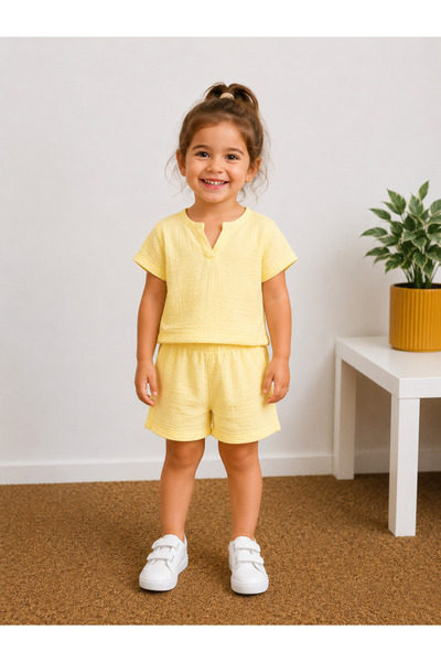ues Girl's and Boy's Yellow Muslin Shorts Set
