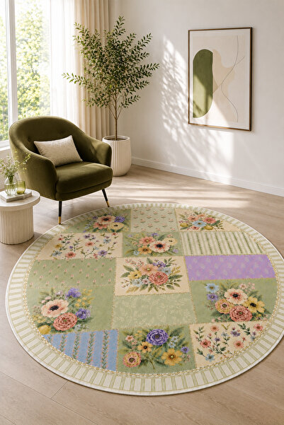 PINKIE HOME Dijital Kaymaz Yıkanabilir Çiçekli Soft Patchwork Yuvarlak Salon ...