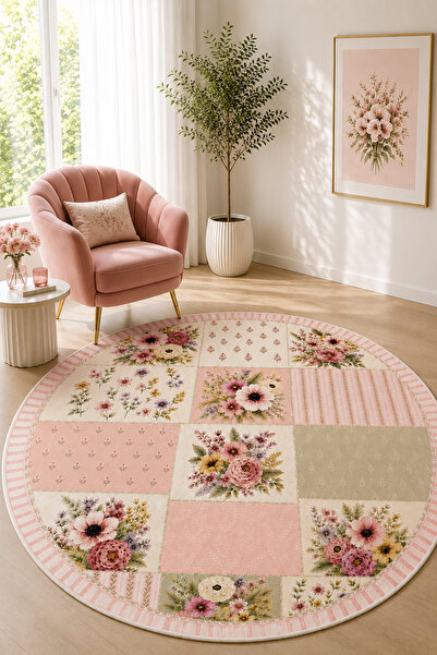 PINKIE HOME Dijital Kaymaz Yıkanabilir Çiçekli Soft Patchwork Yuvarlak Salon ...