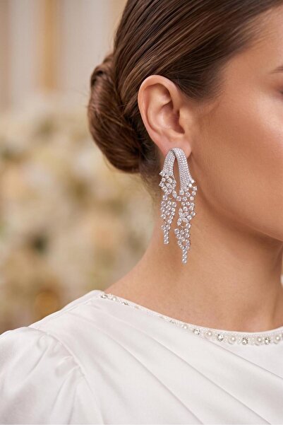 Clariss Gümüş Renk Zirkon Taşlı Çelenk Model Kadın Abiye Küpe