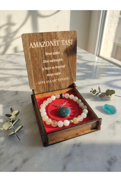Meneva Aksesuar Amazonite Stone Natural Stone Necklace with Wooden Box, Brace...