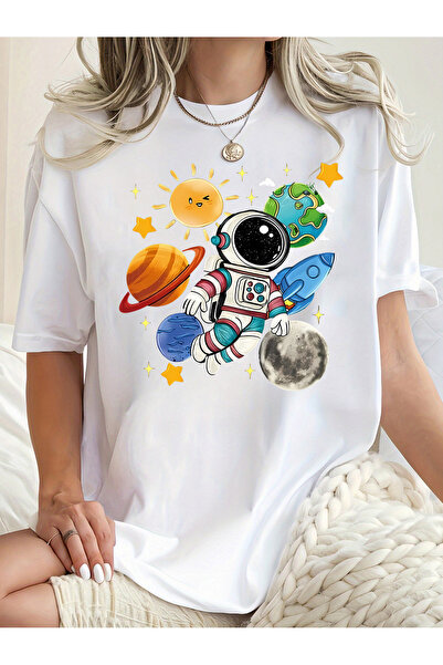 12 Teknoloji Wo Astronaut Planets Print Short Sleeve Crew Neck Space-Themed T...