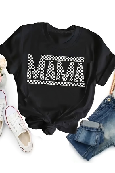 212Wear تي شيرت كاجوال بنقشة مربعات وطباعة MAMA |   طباعة هندسية باللونين الأ...