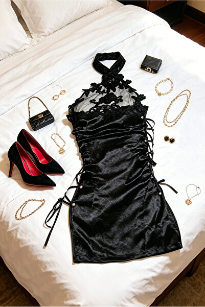 Shengzhou Jinshen Tie Black Satin Halter Mini Dress Elegant Lace Mesh Floral ...