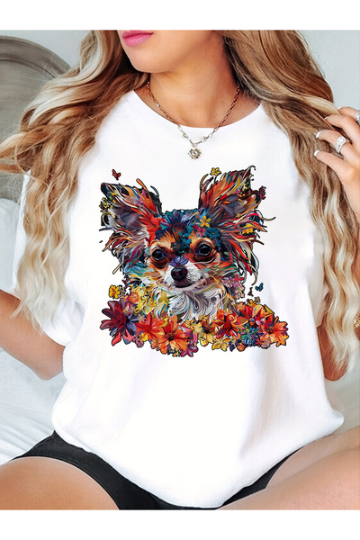 LİNA06 DOG Oriented Style Women's Black & White Floral Print T-Shirt - Casual...