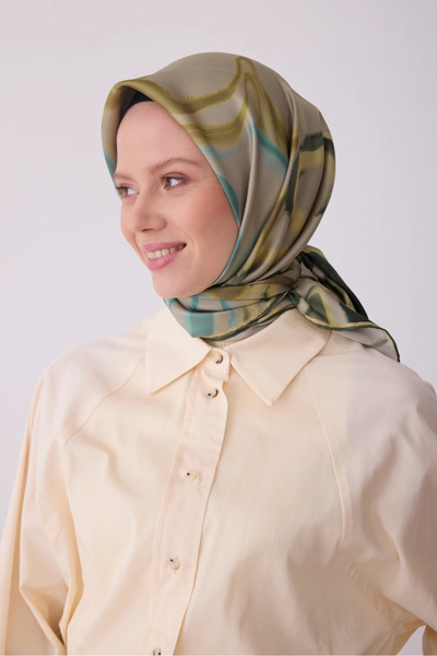 Belli Twill Silk Patterned Scarf 4301D Batik Pattern 80-Light Mink-Green