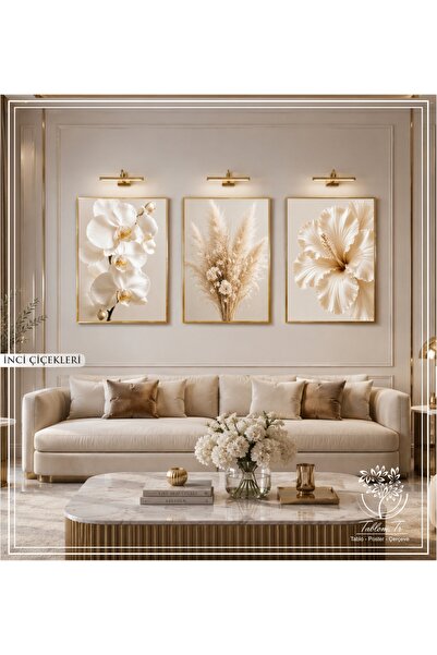 Tablomtr İnci Çiçekleri - Dijital Baskılı Gold Metal Çerçeveli Gerçek Camlı 3...