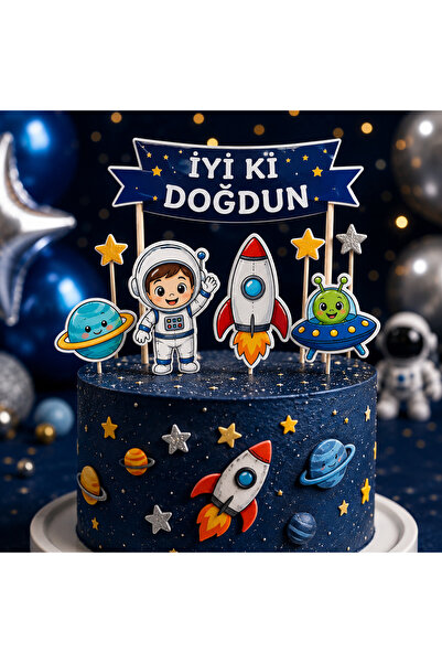 Parti Konsepti Uzay Temalı Pasta Süsü Seti 6 Parça - Astronot Roket Gezegen U...