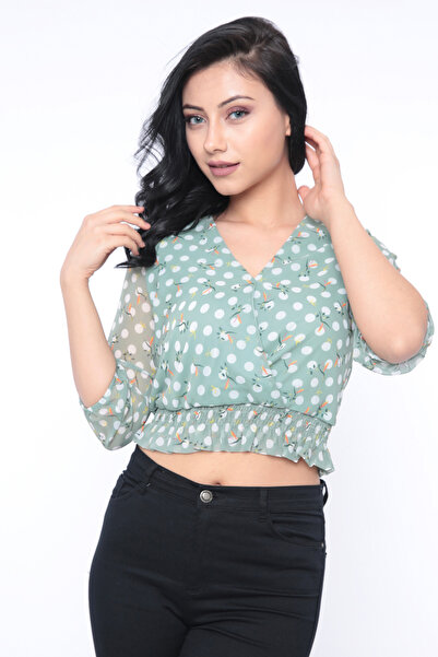 FIRST STYLE Turkish Stylish Short Green Polka Dot Design Blouse