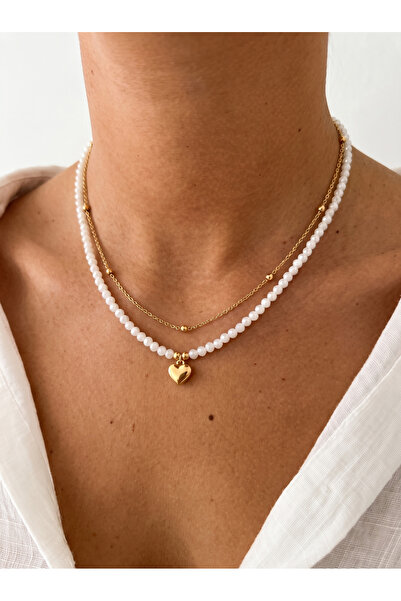 Esdem Accessories Beyaz Kristal Boncuklu Altın Sarı Kalp Detaylı Çoklu Kolye