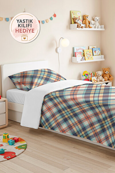 Evimde Bambaşka Plaid Blue Youth Room Single Pique Set-Pastel Geometric Salmo...