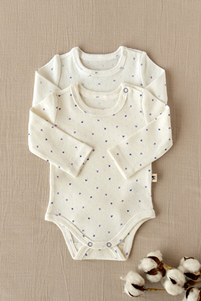 Mimu Baby %100 Pamuk Pointel Uzun Kollu Bebek Zıbın 2'Li Set - Mor Kalpli / M...