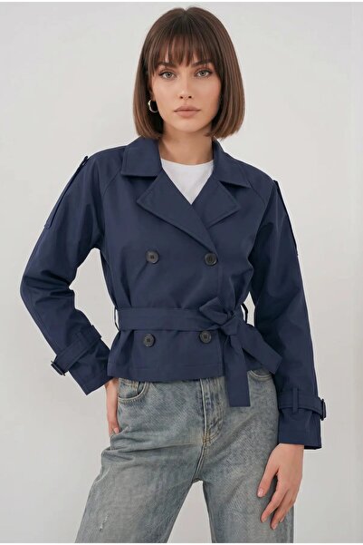 hazelin Women's Navy Blue Double-Breasted Collar Belted Lined Short Trench Co...