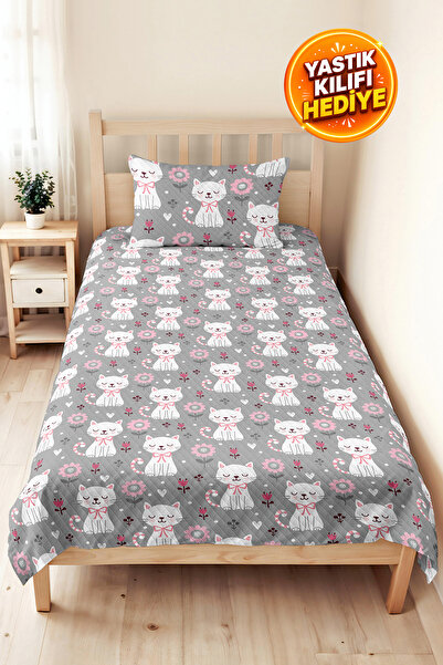 Evimde Bambaşka Cat Gray Girls' Pique Set - Floral Pink Baby Room Seasonal Be...