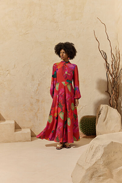 Aker Red Double-Breasted Detailed Patterned Dress