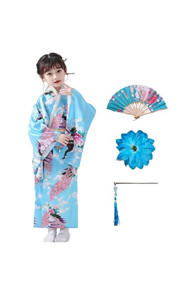 chuyaqisi Japanese traditional dress kimono robe for kids girls costume Lakeblue
