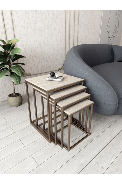 Dekoport 4lü Zigon Sehpa Yan Sehpa Metal Ayak Mdf Membran Tabla