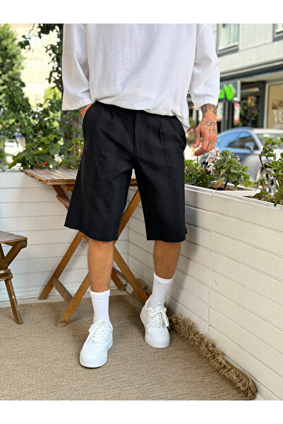 manch collection Nakış Detaylı Baggy Keten Şort Siyah