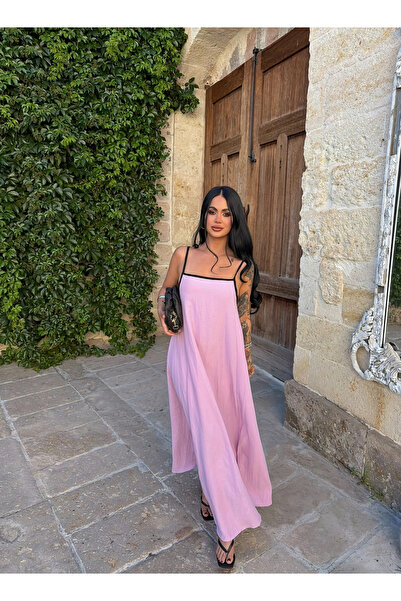 kırmızı butiks Pink Square Collar Piping Dress