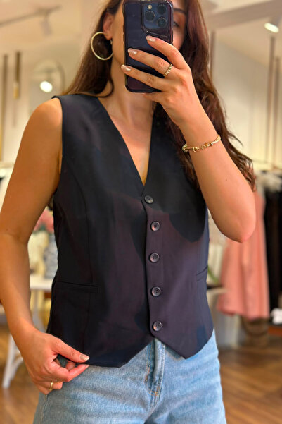Unique Boutique سترة كتان بأزرار باللون الأزرق الداكن