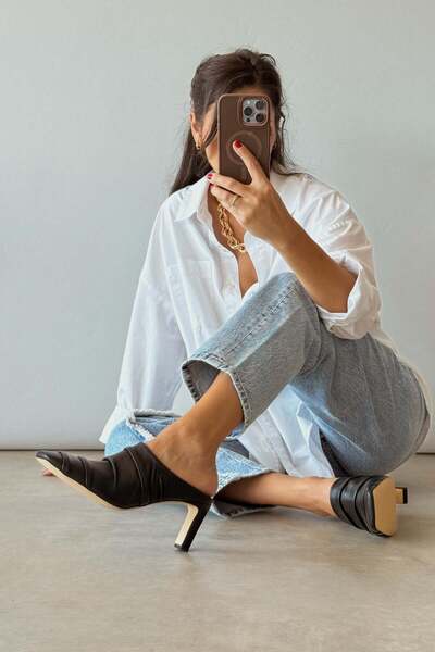 nope21shoess Last Black Genuine Leather Heeled Slippers