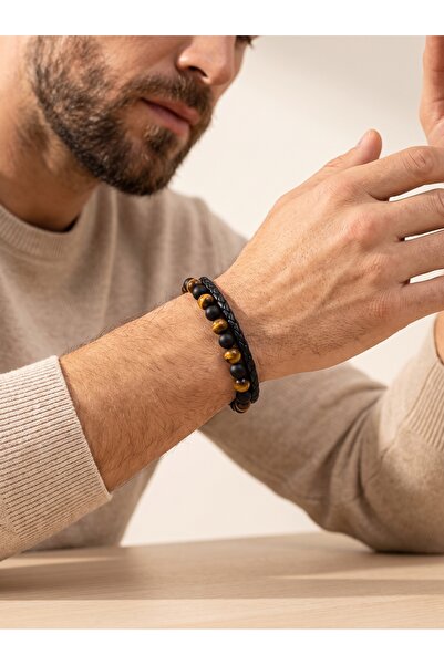 Parmas Design Tiger's Eye and Onyx Natural Stone Leather Men's Premium Bracel...