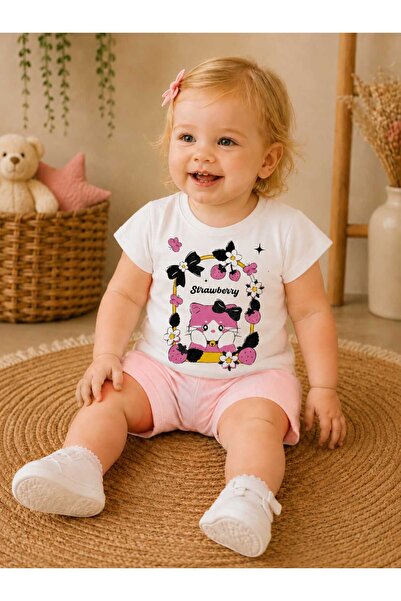 krm kerem bebe Strawberry Kitten Patterned Baby Girl Top and Bottom Summer Set