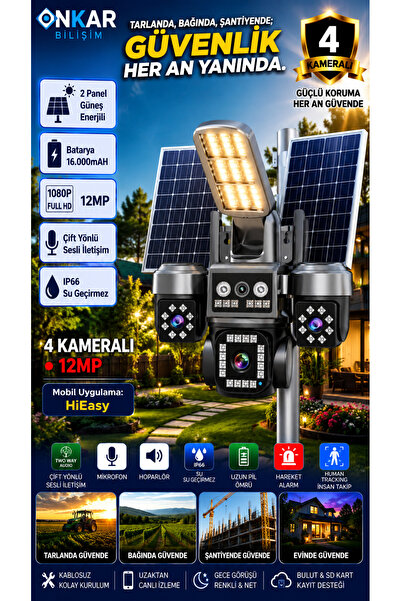 Onkar Bilişim IOMA SG404 4 KAMERALI 4G Solar Güvenlik Kamerası Projektörlü