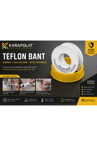 KARAPOLAT Teflon Bant 12mm x 10m Su Tesisat Sızdırmazlık Bandı PTFE Beyaz