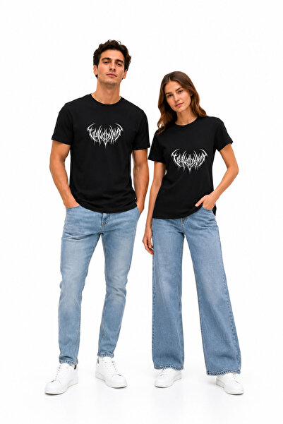 Ciel Lune Black Metal Logo Printed Black Unisex Oversize T-Shirt Couple Combi...