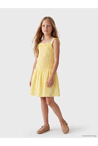 LC Waikiki Lcw Kids Yellow Square Collar Plaid Girls Dress