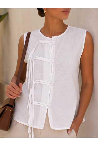 Arbucky Women's Crew Neck Front Tie Sleeveless Woven Blouse