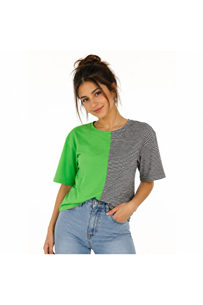 QualiTee Women's Green Striped Color Block Crew Neck Oversize Basic T-Shirt