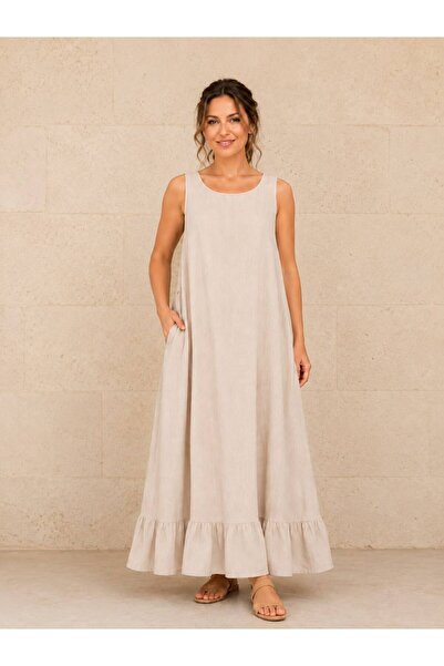 AGORATEKSTİL Women's Flounced Thick Strap Cotton Fabric Dress 42-46