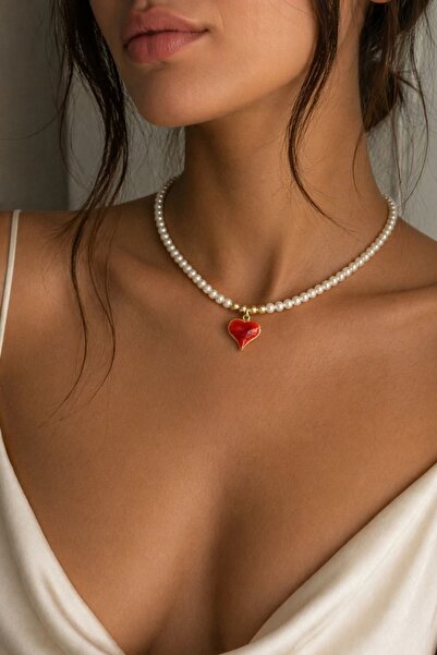 yb yağmur butik Double Sided Heart Detailed Pearl Necklace