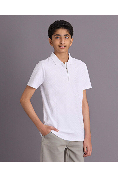 REDTAG Senior Boys White Jacquard Zip Neck Polo